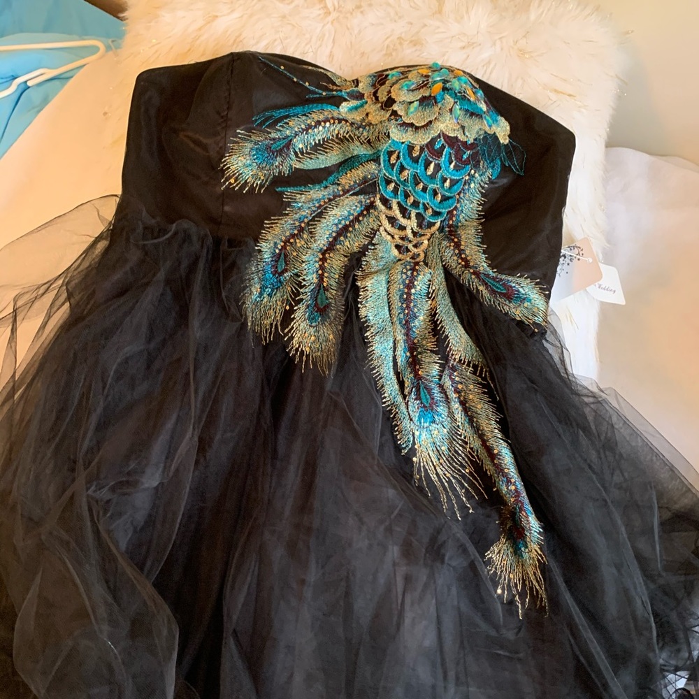 Black peacock embroidered fit and flare prom dress